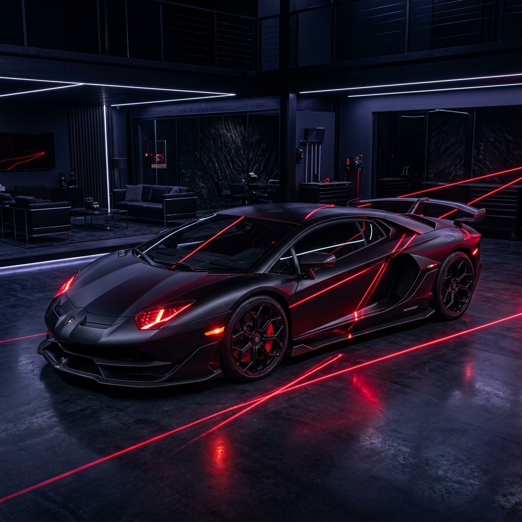 Matte Black Supercar with neon red reflections